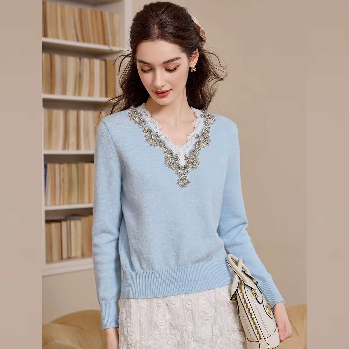 LOUIS YAO col en v tricots pour femmes 2025 automne/hiver hauts tricotés pulls élégants dentelle gar