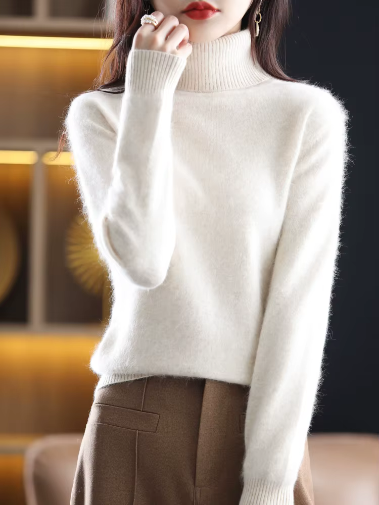 Pull à col roulé en cachemire de vison pour femme, pull à manches longues, haut tricoté, pull femme