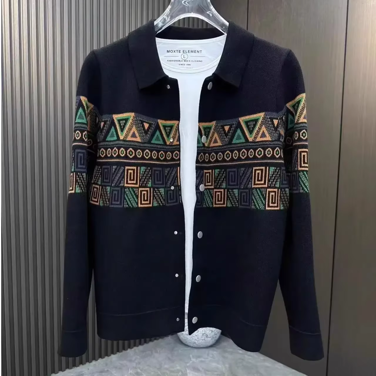 Cardigan en tricot noir pour homme, vêtement avec bouton graphique, sans capuche, mode coréenne, Bag
