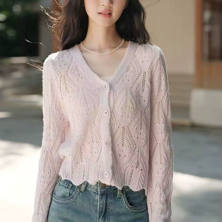 Cardigan en tricot rose ajouré pour femme, col en V, manches longues, boutonné, pull décontracté lég