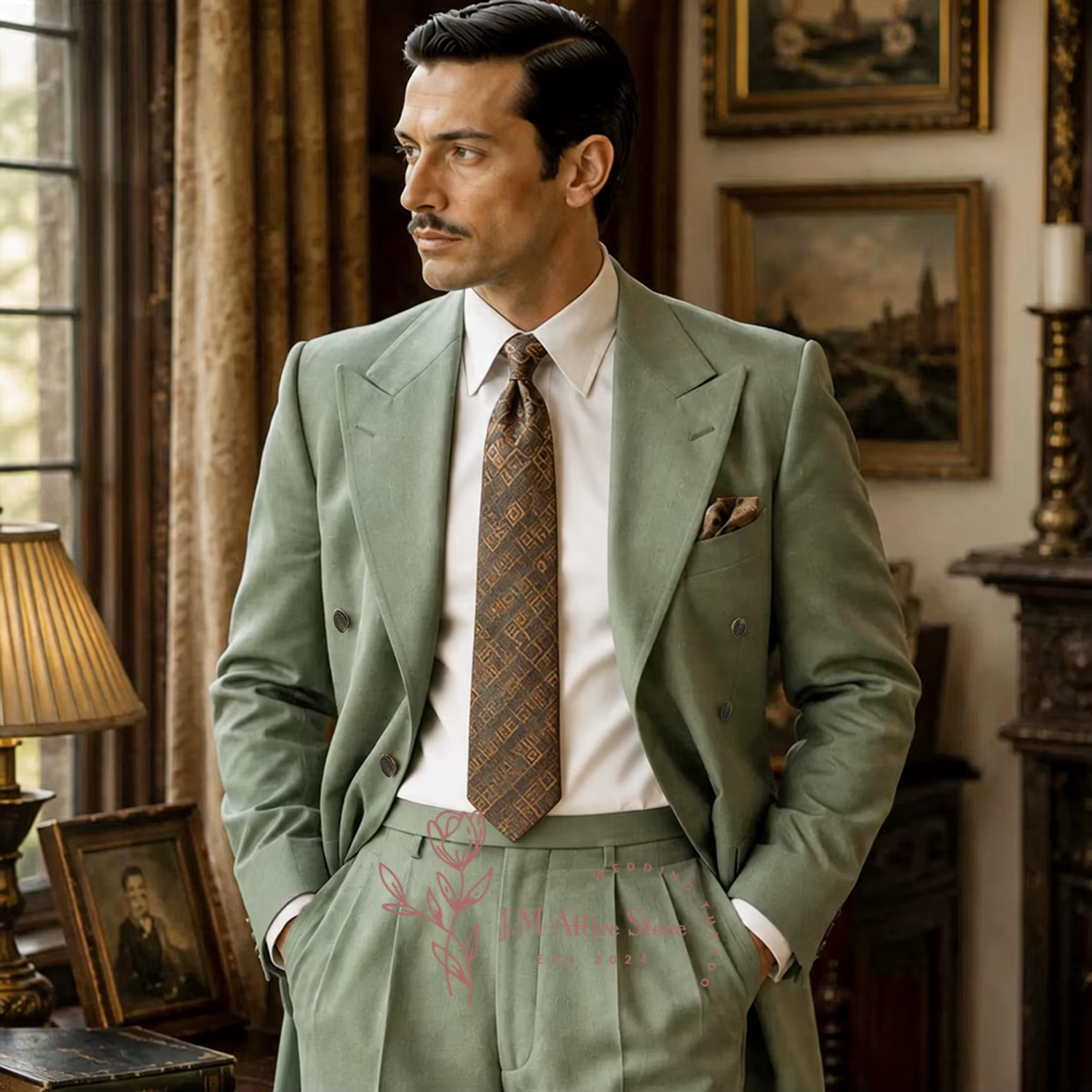 Costume 3 pièces vert sauge vintage pour garçons d'honneur, veste à revers Peaky, gilet et pantalon 