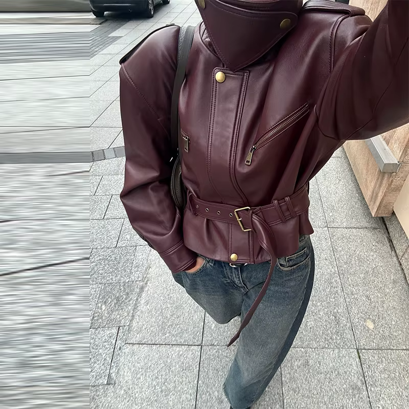 Veste en cuir Vintage élégante à col haut, manteau court exquis à taille cintrée, vêtements de rue e
