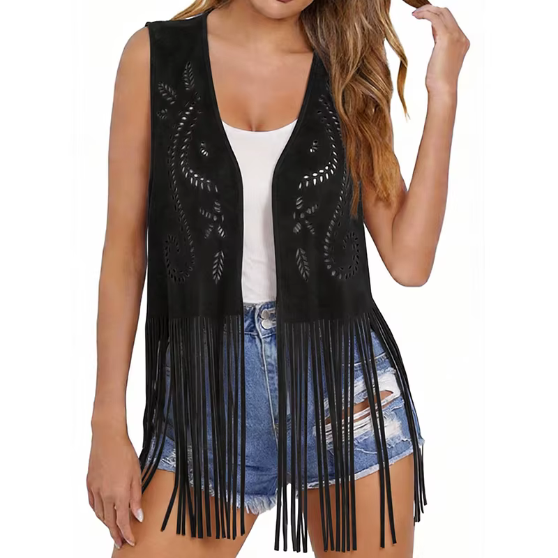Gilet en daim à franges pour femme, sans manches, ouvert sur le devant, ajouré, style western cowboy