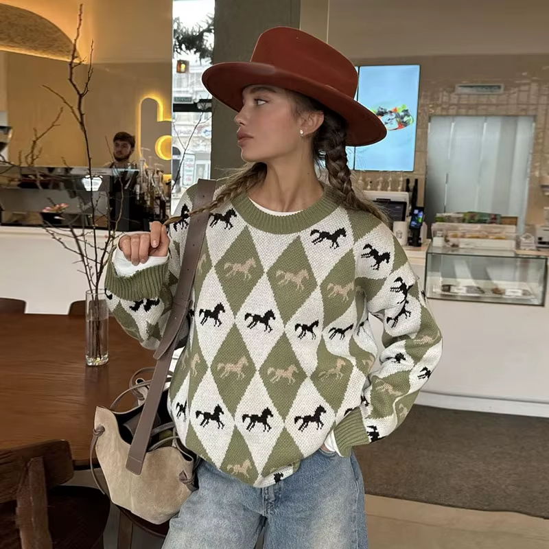 Tricoté imprimé pull femmes à manches longues col rond contraste couleur Patchwork pull dame automne