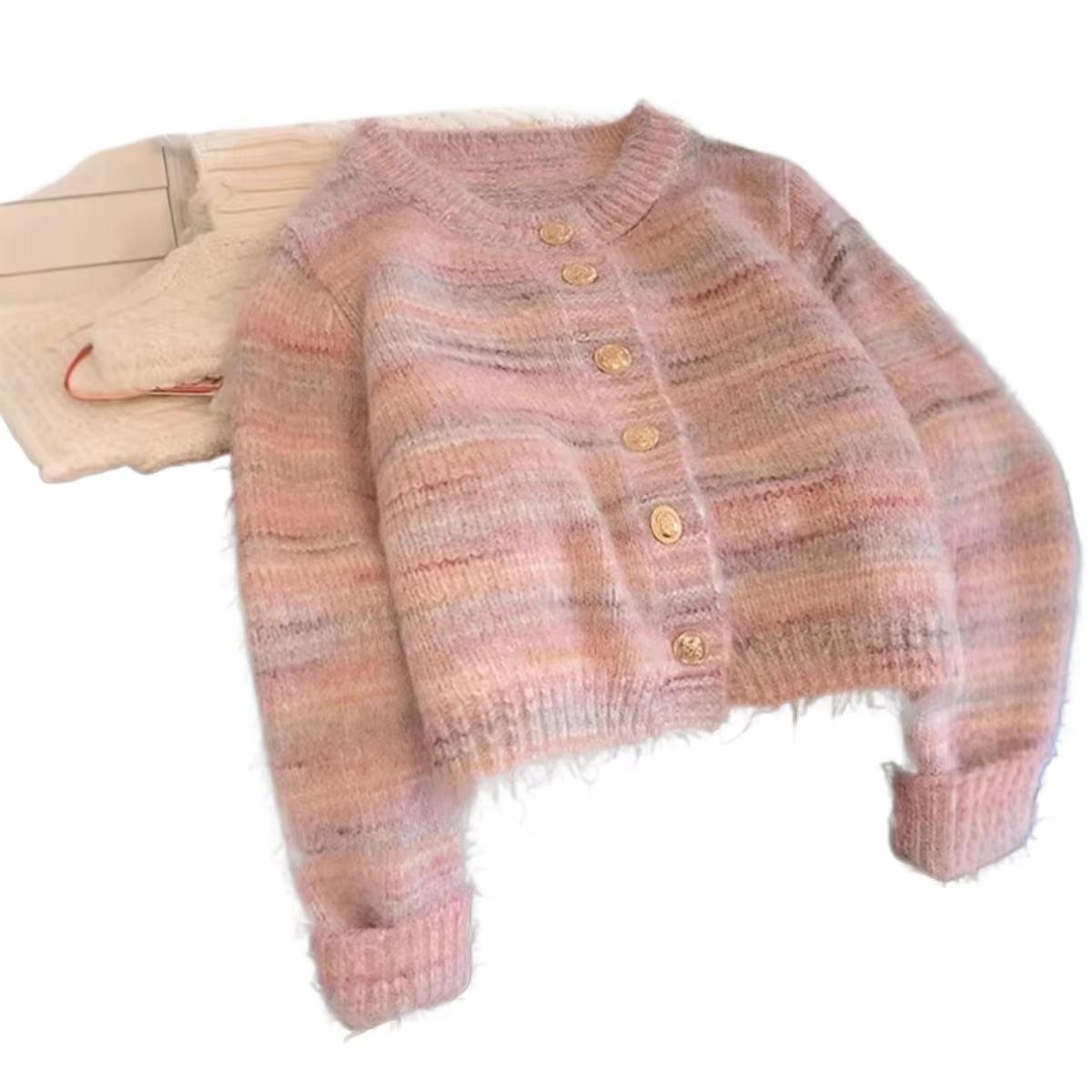 Nouveau 2026 Cardigan en mohair tricoté rose rayé, élégant et simple, doux et soyeux, court et épais