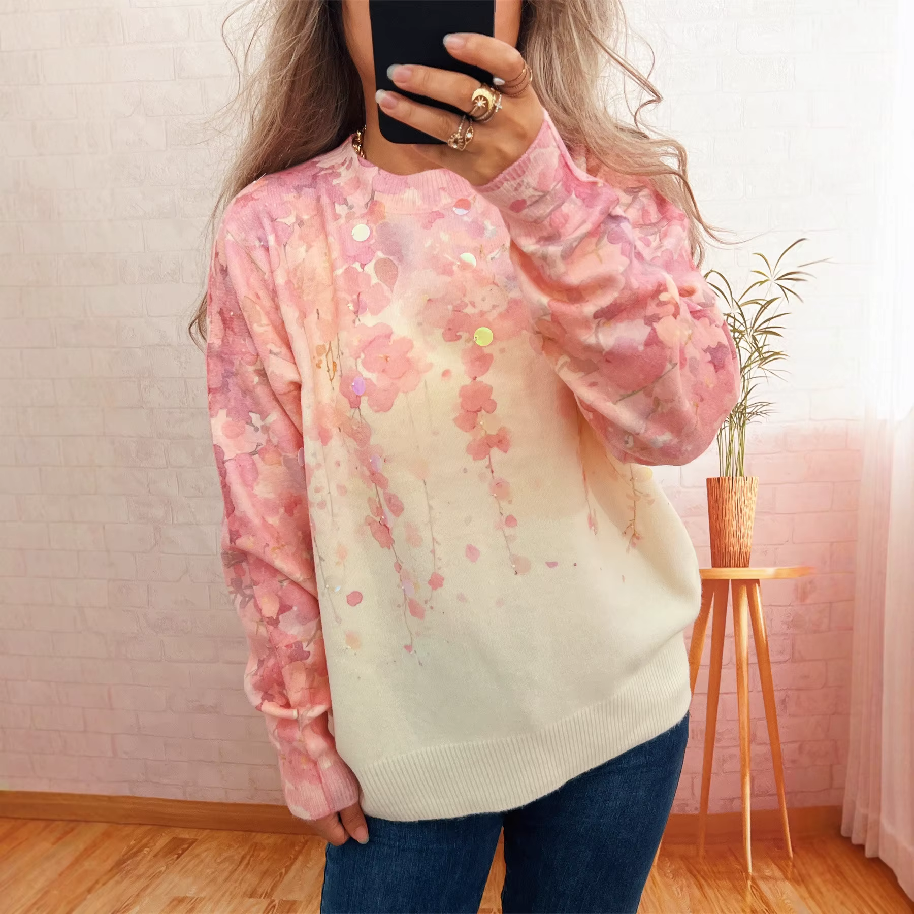 Nouveau pull décontracté à paillettes à fleurs