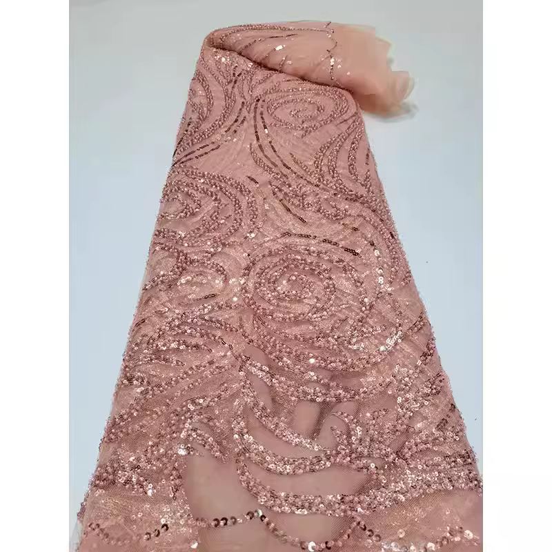 Tissu de maille de dentelle de perle de bulle, tissu brodé de paillettes de tube de perle de vague, 