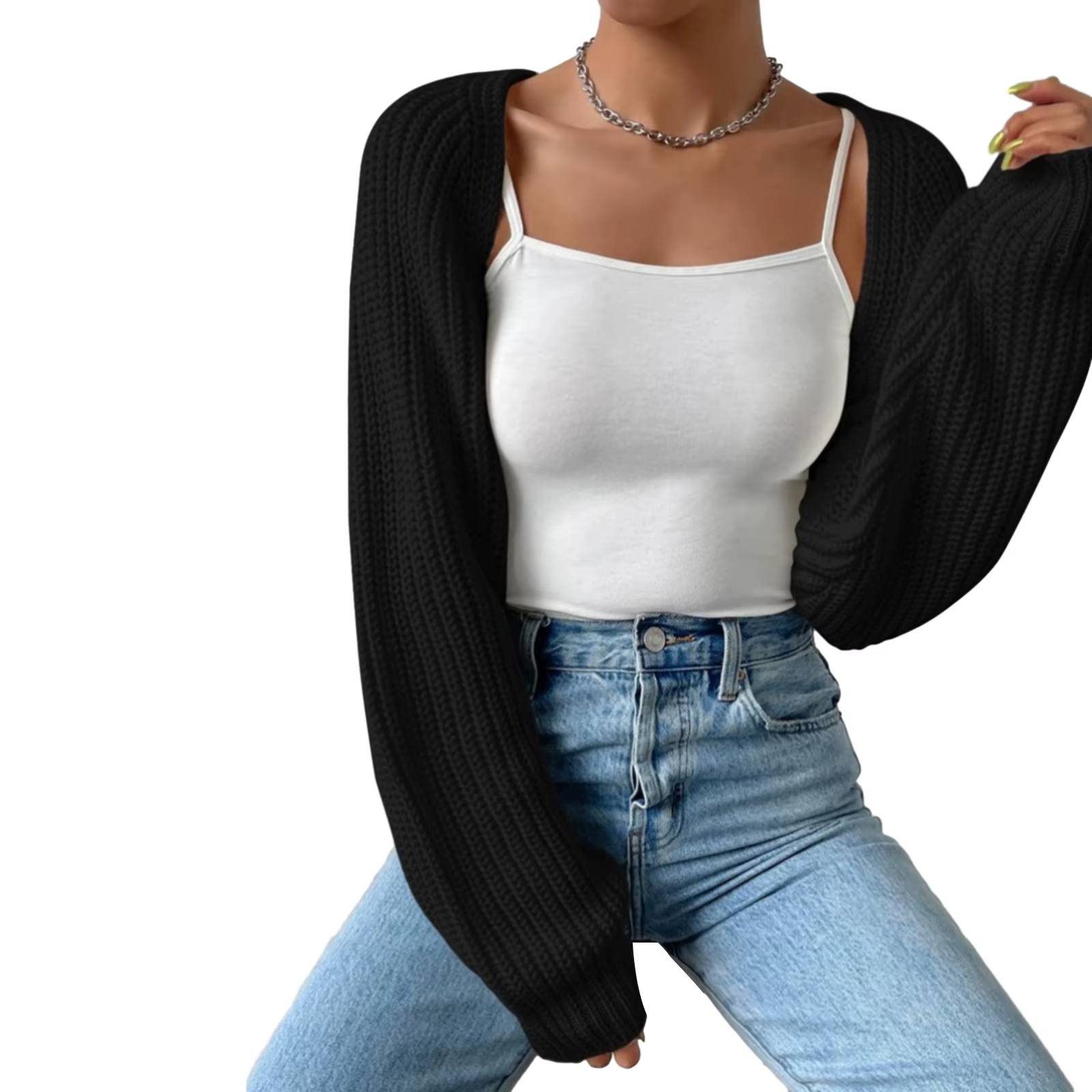 Cardigan court ouvert sur le devant pour femme, manches longues, couleur unie, tricot côtelé, pull b
