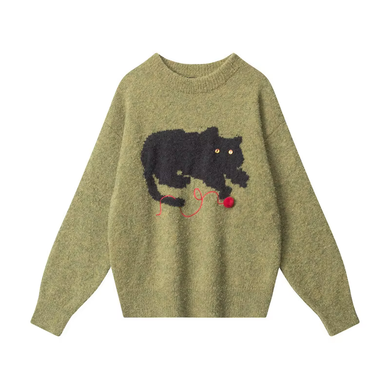 Pull en tricot à manches décontractées pour femmes, pull chat, col rond, rétro, ample, paresseux, au