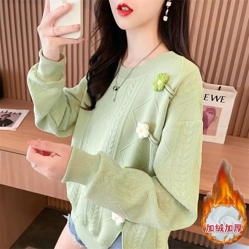 Pull en tricot à fleurs vert clair pour femmes - Pull décontracté à manches longues et ample