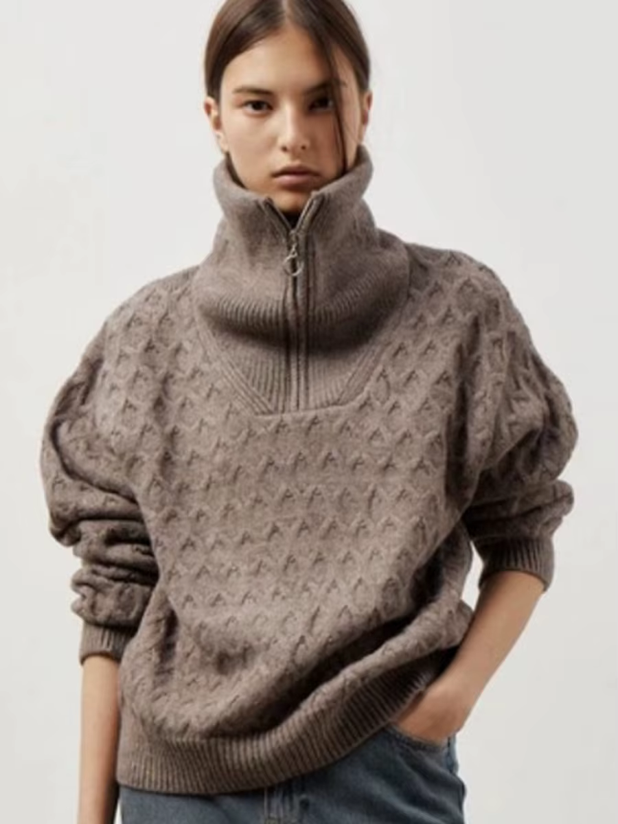 2025 automne/hiver nouveau Premium col haut demi-fermeture éclair pull femmes paresseux tricoté épai