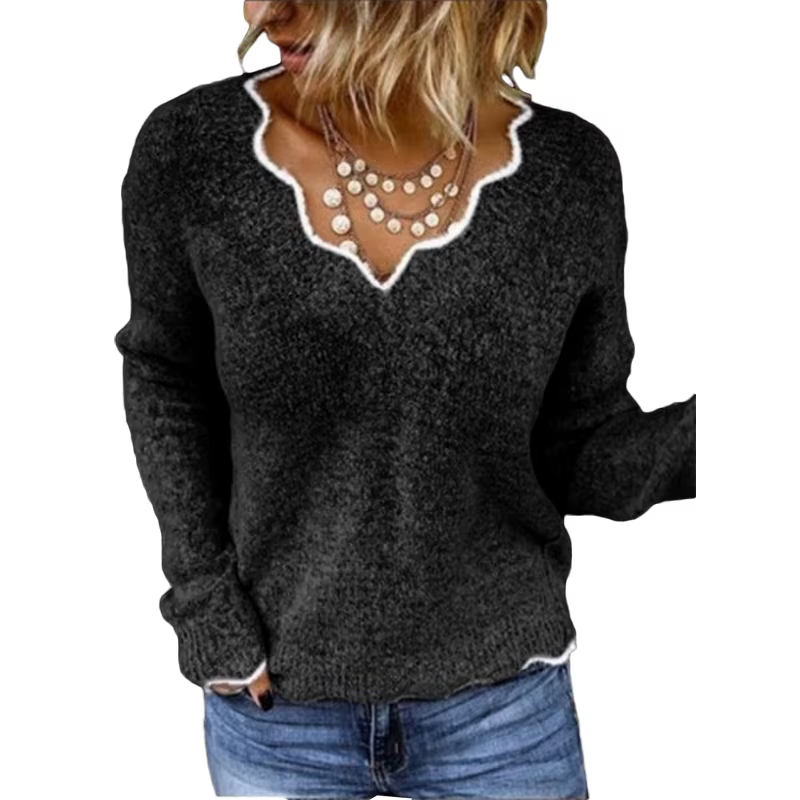 Femmes chandails tricotés nouvelle vague col en V hauts pullover dame couleur unie pull décontracté 