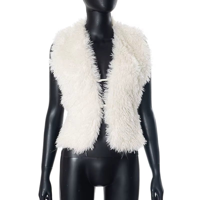 Gilets en fausse fourrure moelleux pour femmes, col en V profond, dos nu, haut bandage, vestes en fi