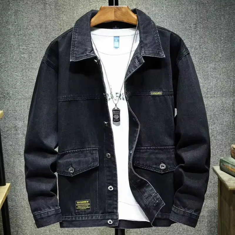 Vestes en jean cargo pour hommes, manteau en jean noir, vêtements à bas prix, tissu à bord, designer