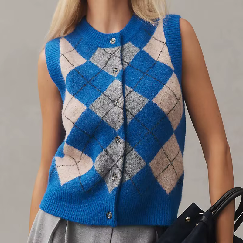 Vintage Y2k pull gilets pour femmes automne hiver mode Argyle cultures tricoté sans manches col rond