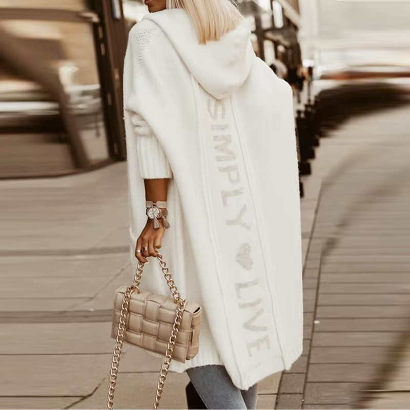 Cardigan à Capuche Long et Élégant pour Femme, Pull Décontracté, Manteau à la Mode avec Lettres Impr