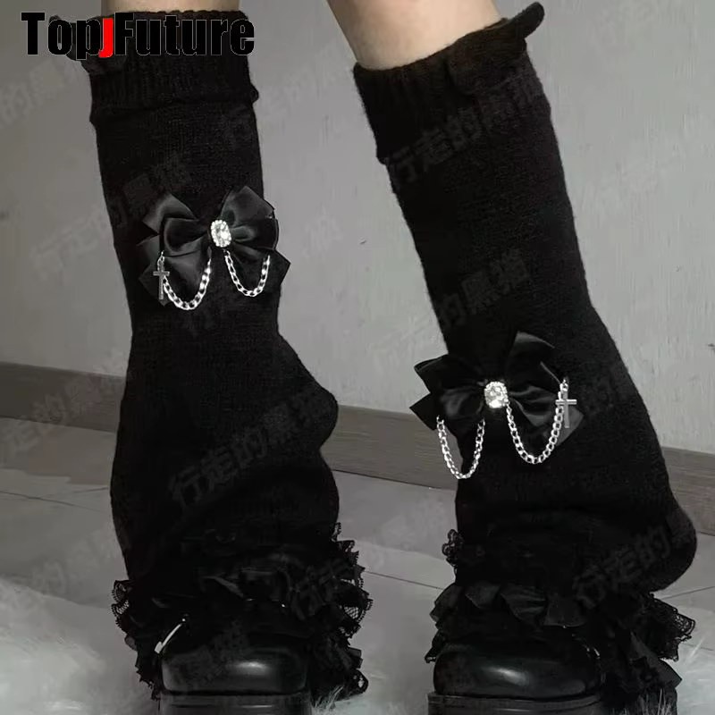 Jambières pour femmes et filles, style Harajuku Punk Gothic Lolita Y2K, douces, avec nœuds, dentelle