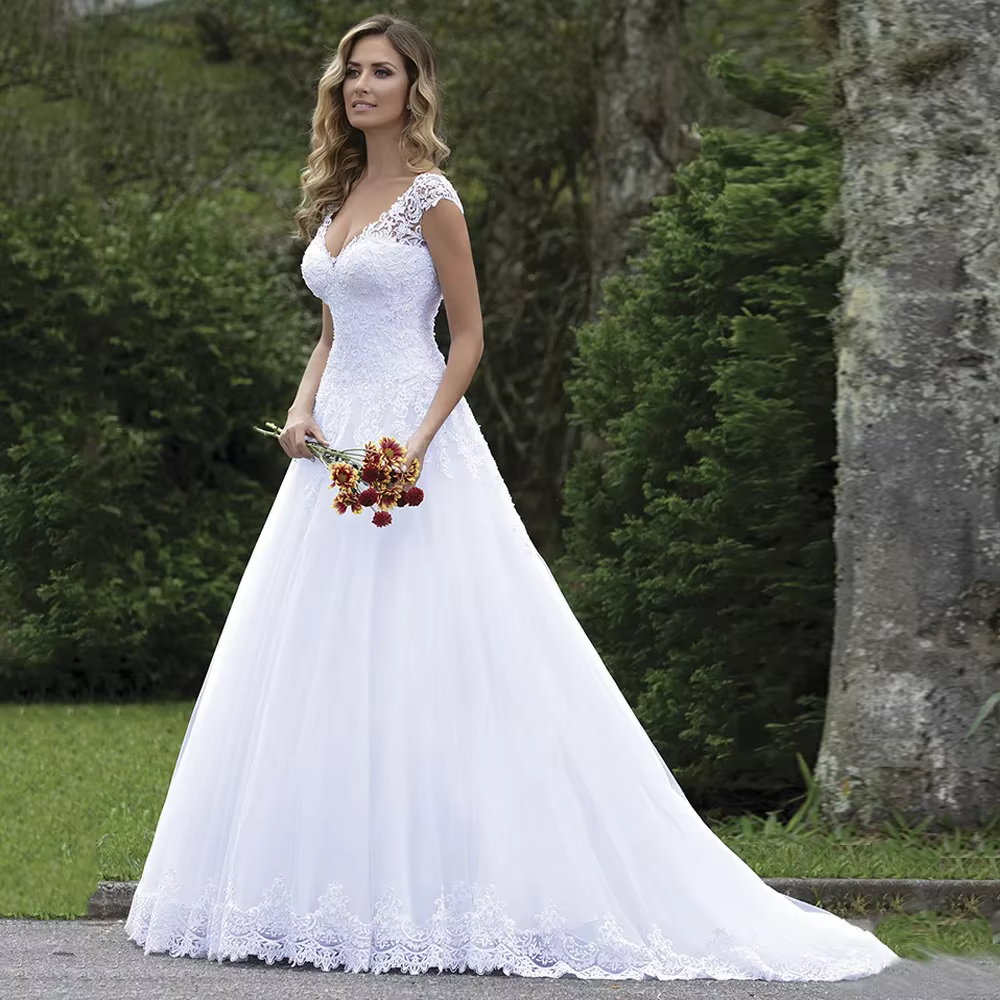 Robe de mariée blanche pure pour femme, manches cape, col en V, dentelle, robe en tulle, robe de mar