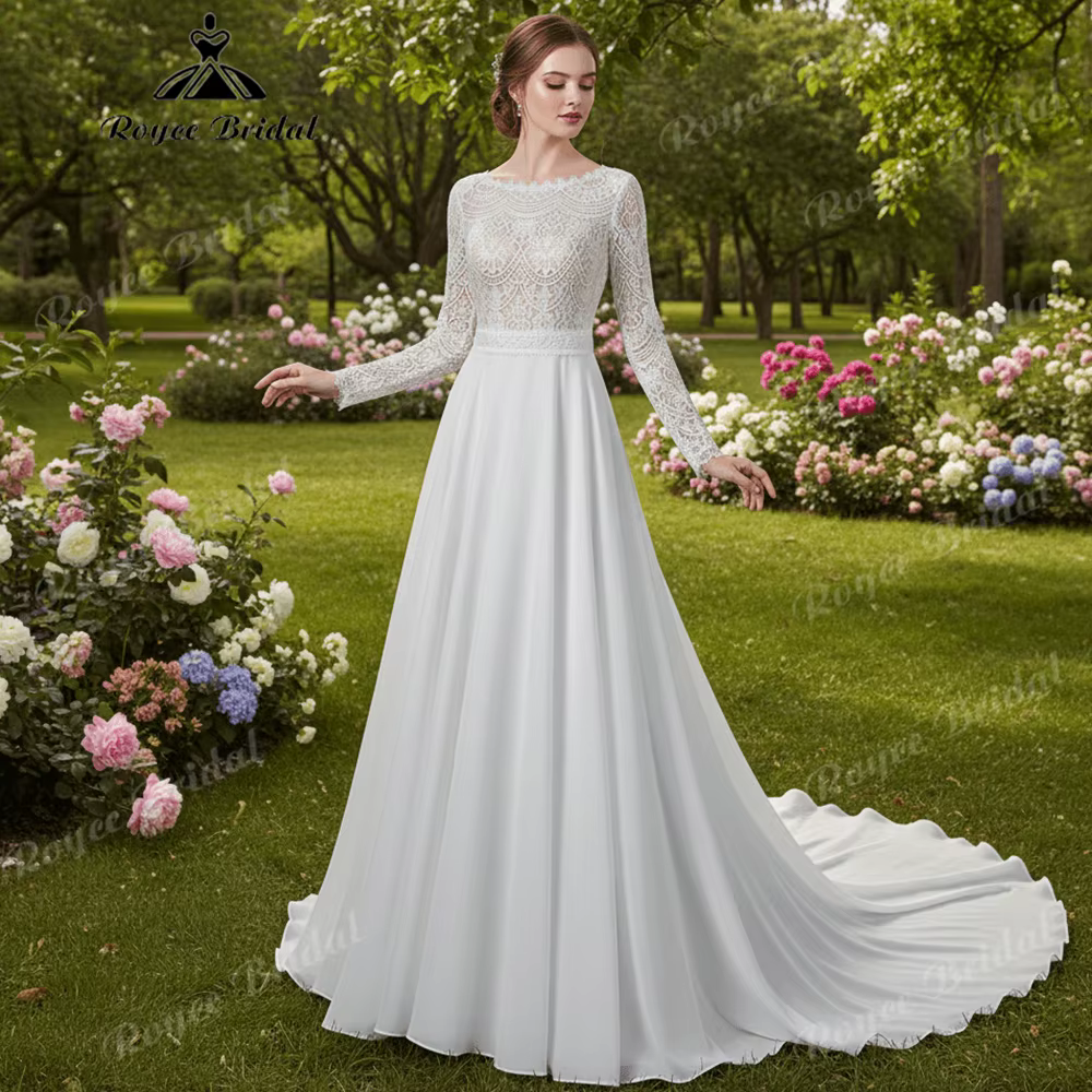 Robe de mariée en dentelle à manches longues et col bateau, dos découpé, en mousseline de soie, coup