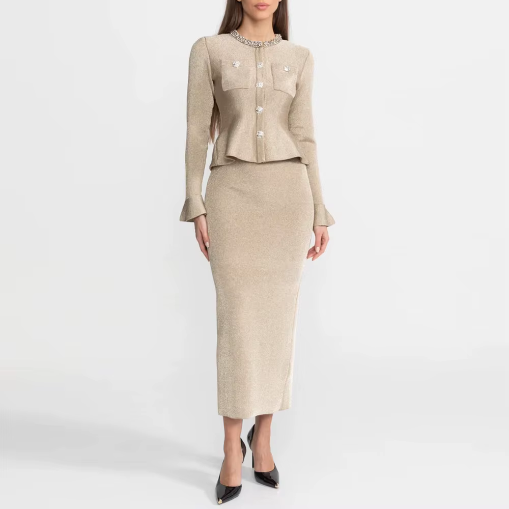 Robes midi en maille dorée chic et luxueuses VGH pour femmes, col en cristal, boutons perlés, poigne