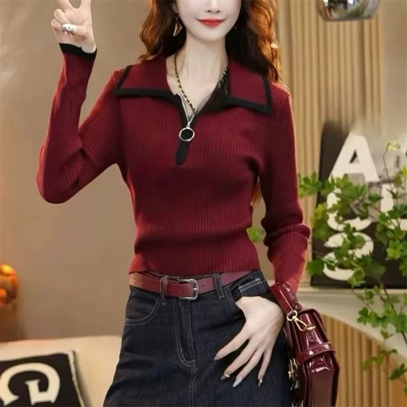 Pull en tricot à revers avec fermeture éclair pour femme, nouvelle couleur bloquée, manches longues,