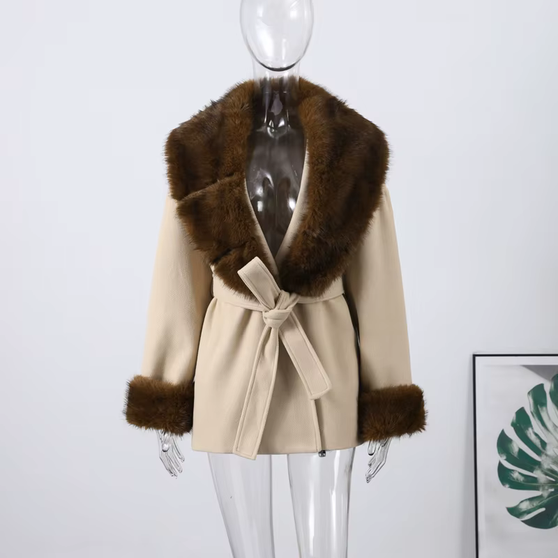Manteau de fourrure à col de costume pour femme, bouton caché, manches longues, fourrure solide, amp