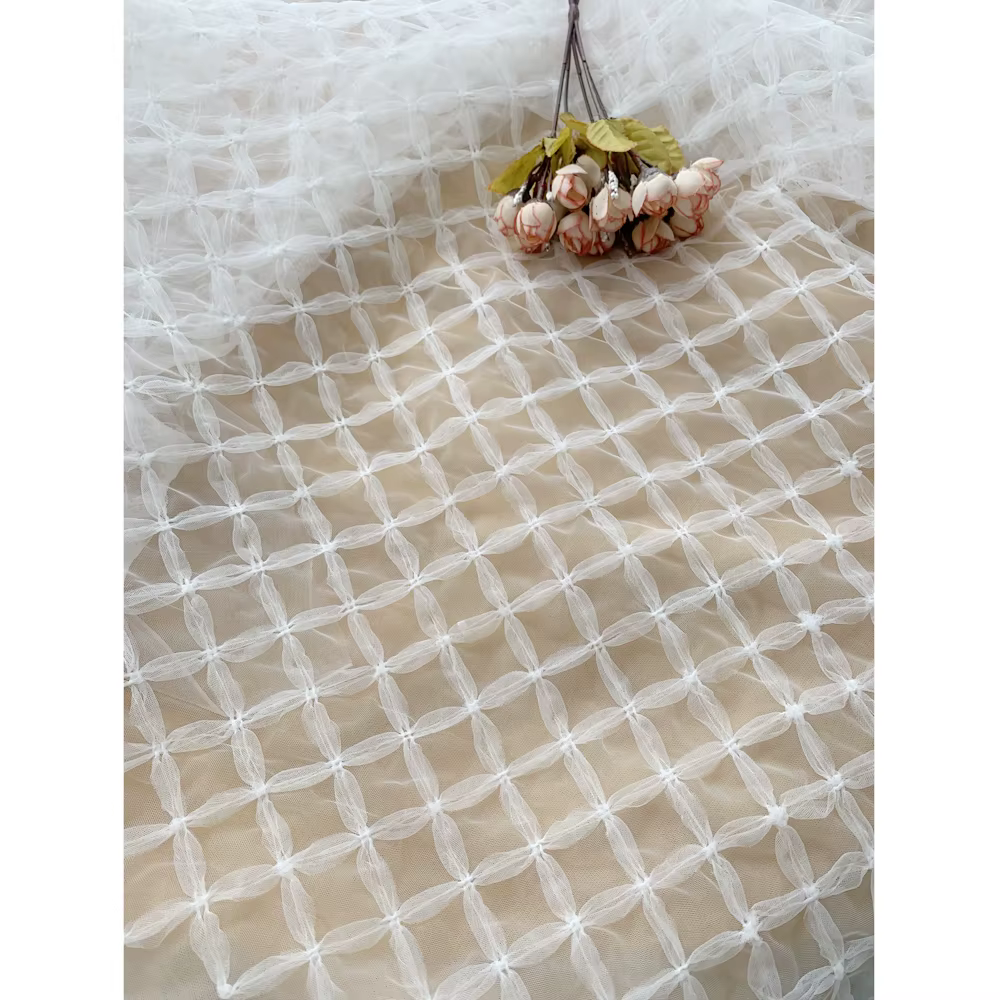 Tissu de dentelle brodée à grille géométrique en maille beige, couture à la main, accessoires vestim