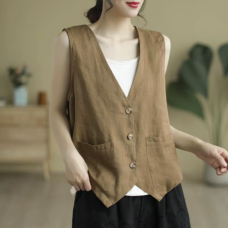 Gilet en lin et coton pour femmes, sans manches, style Boho, col en v, court, décontracté, sur chemi