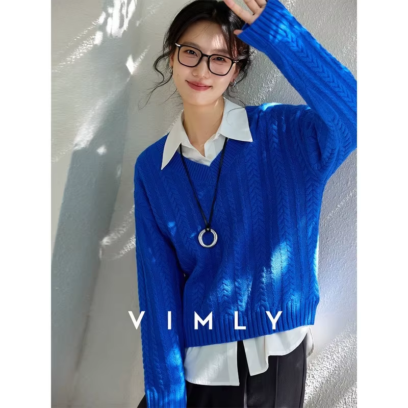 Pull tricoté élégant à col en V bleu pour femme VIMLY, nouvelle collection automne 2026, décontracté