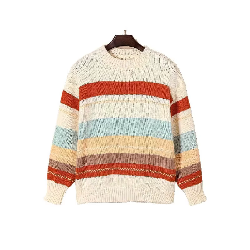 Pull tricoté ample à col rond pour femme, avec rayures, blocage des couleurs et impression pour l'au