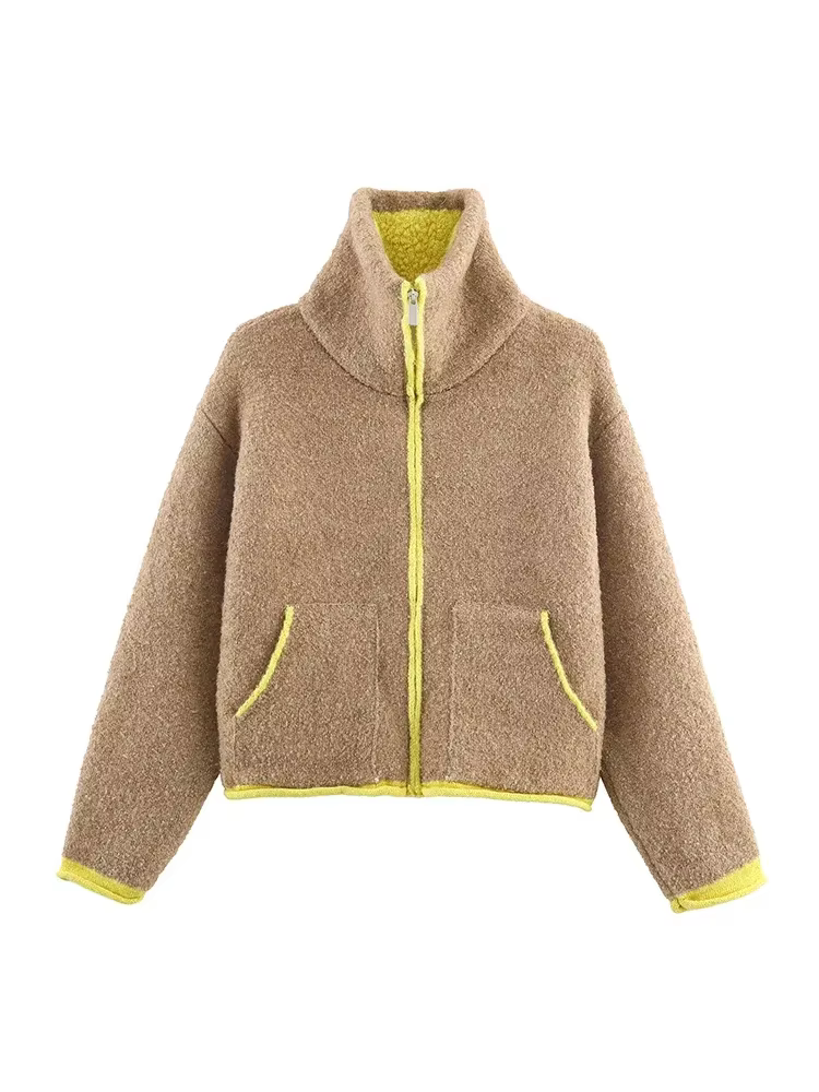 Nouveau Cardigan Chic à Fermeture Éclair pour Femme, Col Montant, Poches, Coupe Ample, Court, Style 
