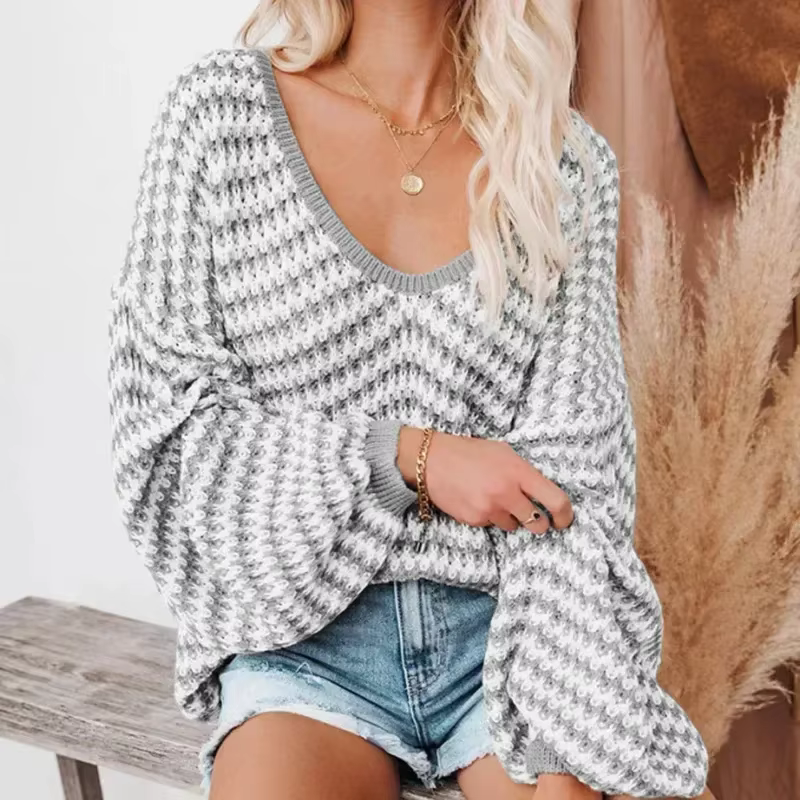 Pull tricoté décontracté pour femme, pull ample à col en V, imprimé rayé, hauts d'hiver, automne 202