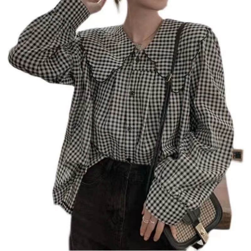 Niche chemise à col de poupée à volants pour femmes, haut à manches longues, chemise couvrant le ven