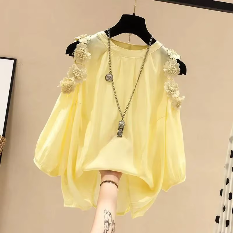 Pull à col rond à manches Leurs lan pour femmes, chemise chemisier, décoration tridimensionnelle, fl