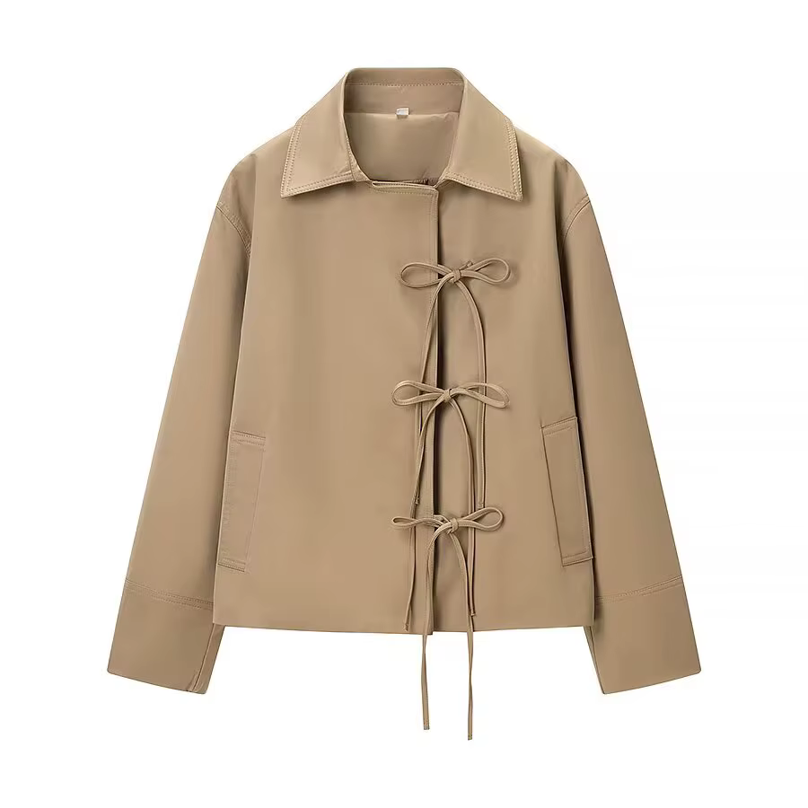 HH femme élégante manches longues col rabattu hiver nœud à lacets décoration vestes femme décontract