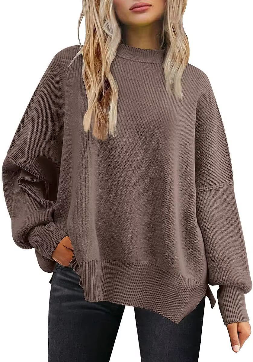 Pull à manches longues chauve-souris et col rond pour femme, tricoté avec fente latérale