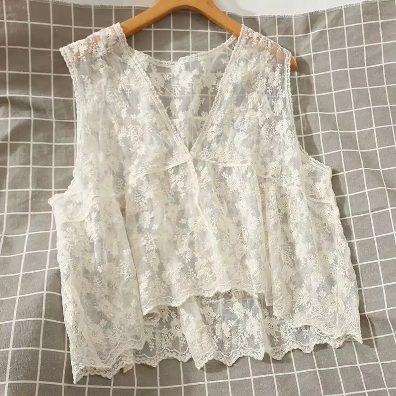 Gilets en dentelle brodée de fleurs pour femmes, gilets en maille blanche, gilet à un bouton, protec