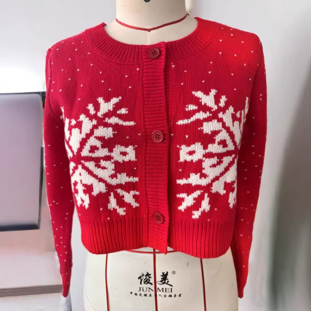 2025 nouveauté pull de noël col rond à manches longues Cardigan court flocon de neige simple boutonn