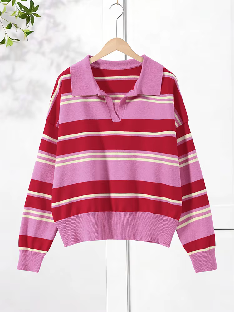 Pull en maille décontracté à col polo rayé pour femme, manches longues, doux, ample, polyvalent, col