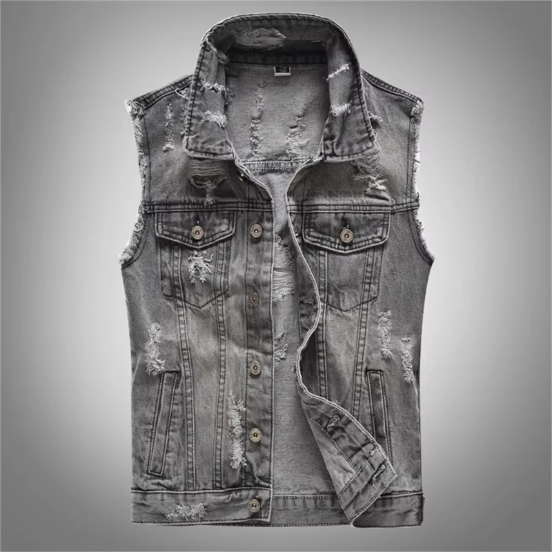 Gilet en jean déchiré gris pour homme – Veste sans manches style motard – Gilet de printemps populai