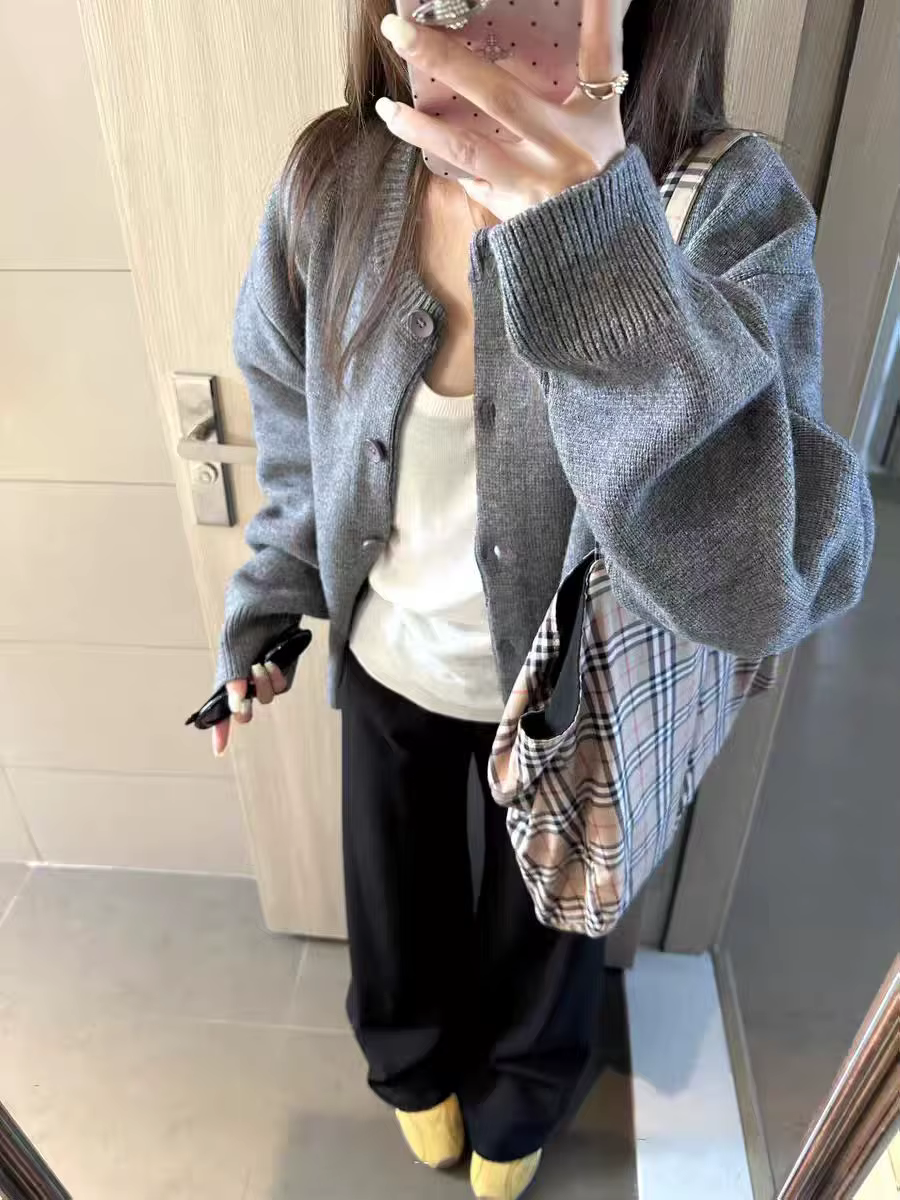 Cardigan tricoté en cachemire pur 100 pour femme, col rond, automne et hiver, avec un pull noir épai
