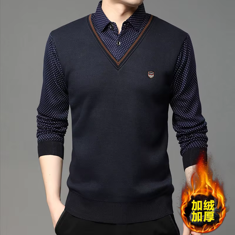 Pull tricoté à la mode pour hommes, avec col de chemise, couche de Base d'épissure, vêtements intéri