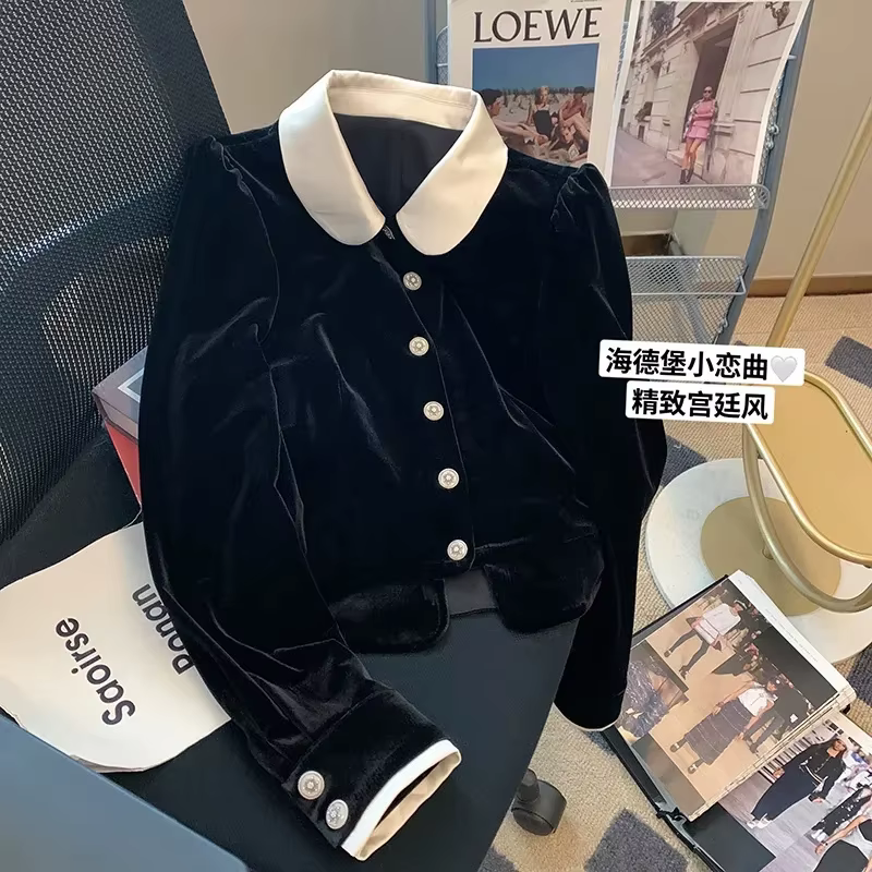 Manteau à col en velours noir pour femme, chemise à haut sens, nouvelle mode printemps, vêtements d'
