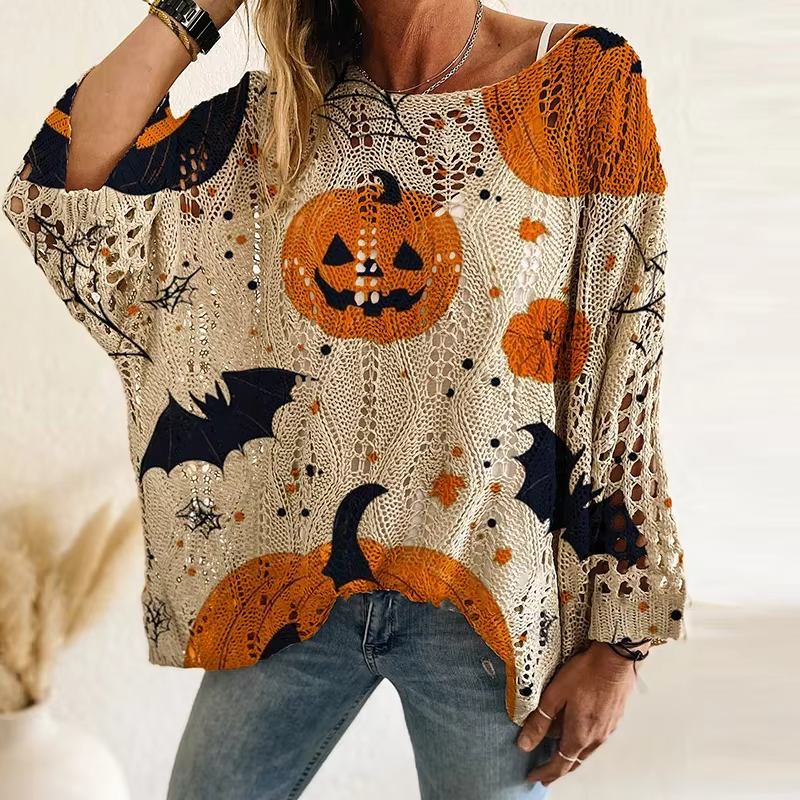 Mode Halloween pull femmes citrouille et chauve-souris imprimé à manches longues lâche tricoté chand