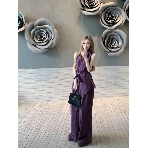 Ensemble deux pièces pour femmes, couleur unie, col licou, gilet, taille haute, pantalons décontract