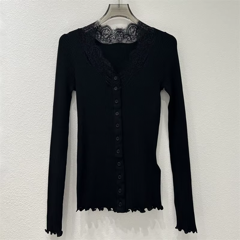 Cardigan pour femmes, simple boutonnage, coupe cintrée, col en v, haut à manches longues, dentelle p
