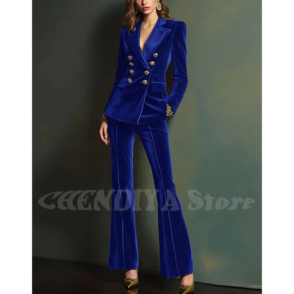 Costume de luxe en velours bleu Royal pour femmes, tenue élégante à revers, Double boutonnage, nouve