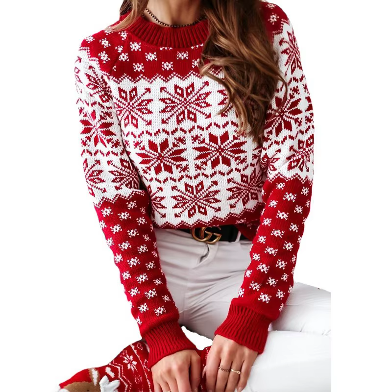 Nouveau Style femmes noël flocon de neige pull hiver chaud tricoté à manches longues O cou hauts pul