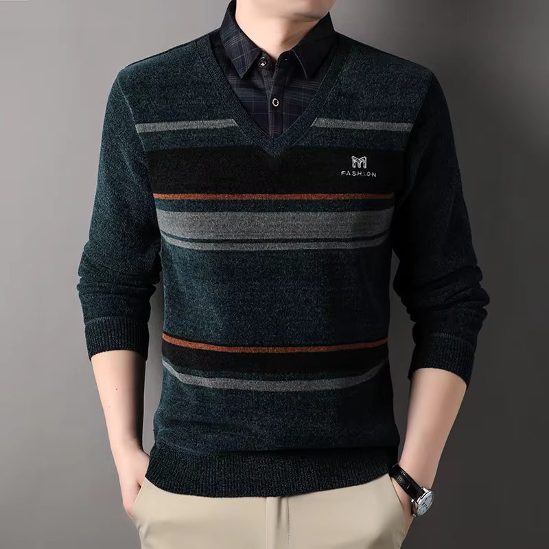 Pull épais pour hommes, pull d'hiver à col de chemise, pull en tricot rayé, tricot décontracté, pull