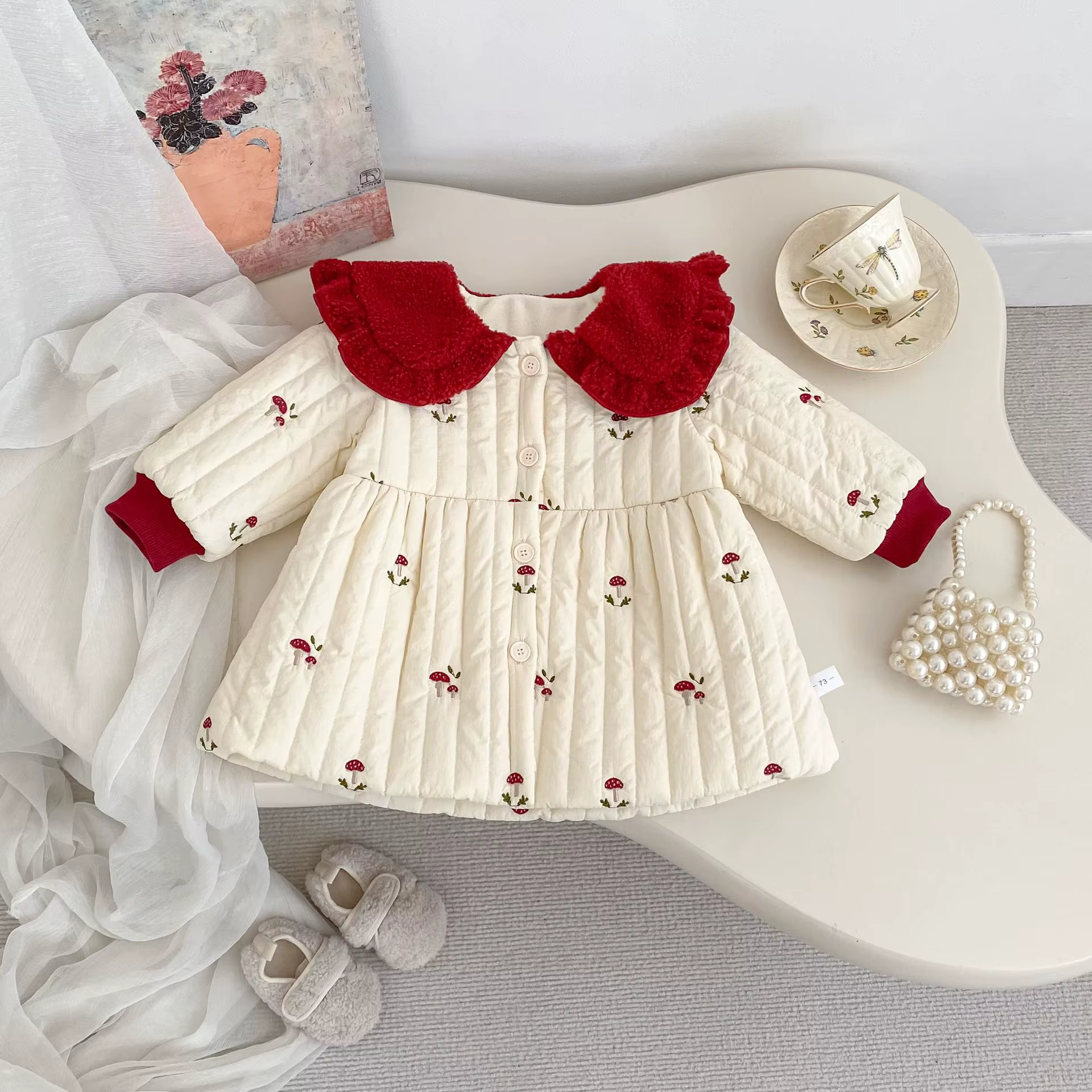 Sweat à capuche à col épais brodé de champignon pour filles, chaud et mignon, avec velours, nouvelle